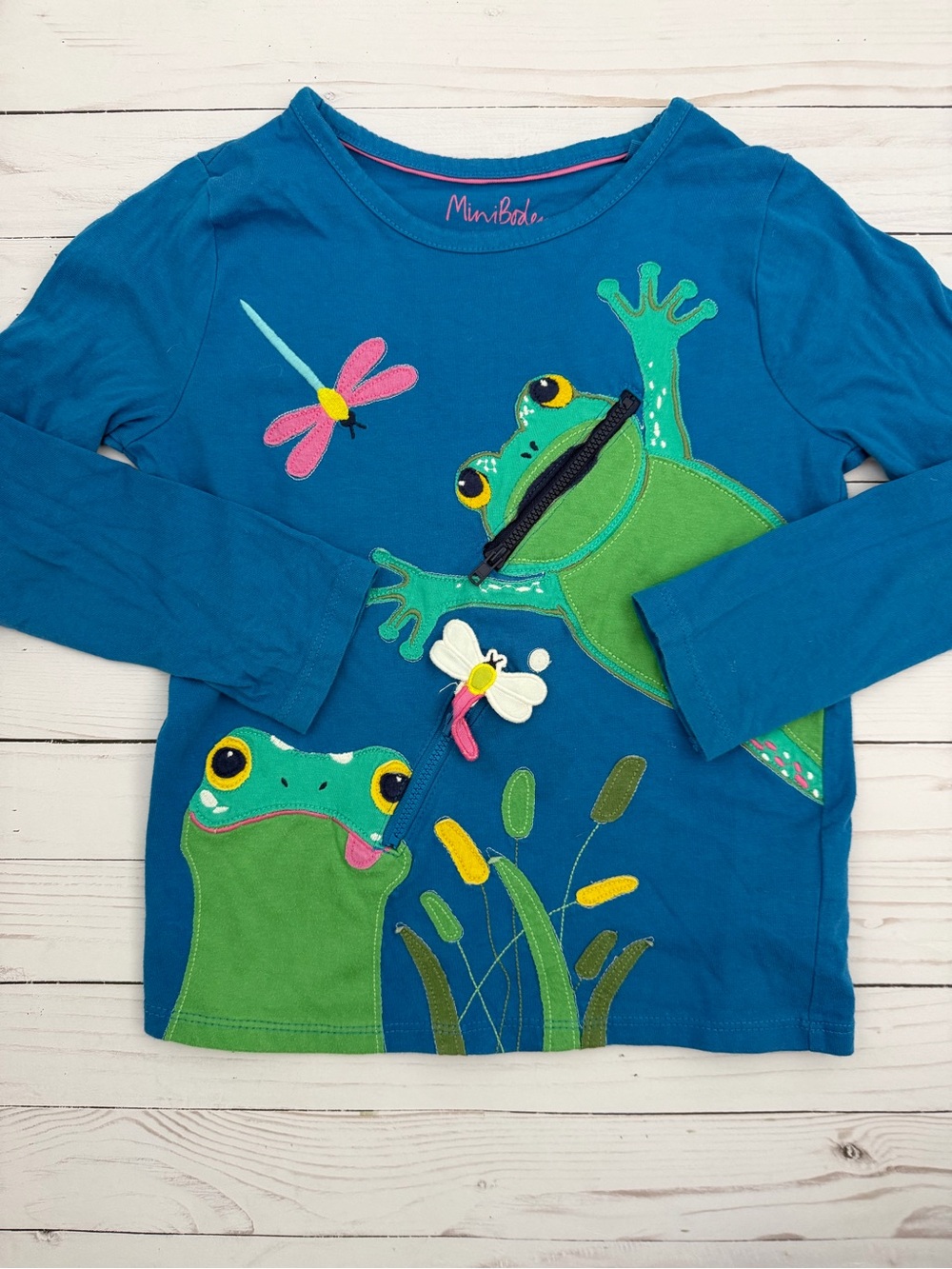 Mini Boden Teal Blue Long-Sleeve Tee with Green Frog Appliqués